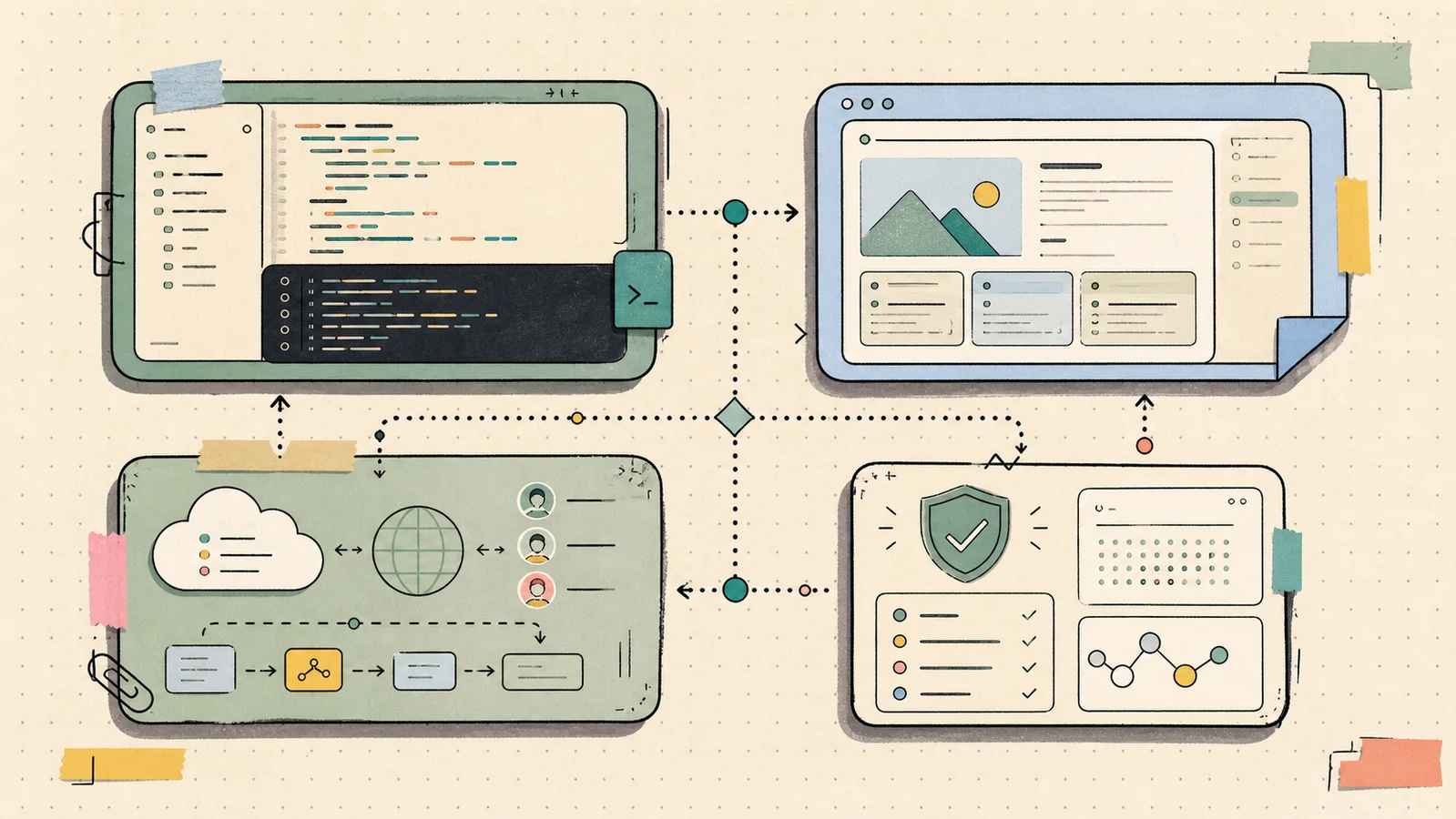 An illustrated field map connecting local code, browser review, cloud coordination, and security verification.